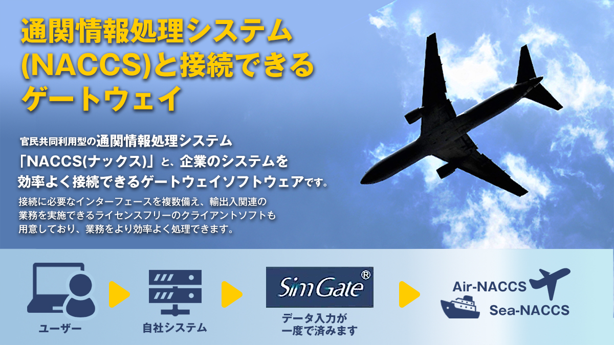 通関情報処理システム（NACCS）と接続できるゲートウェイ。"官民共同利用型の通関情報処理システム「NACCS（ナックス）」と、企業のシステムを効率よく接続できるゲートウェイソフトウェアです。接続に必要なインターフェースを複数備え、輸出入関連の業務を実施できるライセンスフリーのクライアントソフトも用意しており、業務をより効率よく処理できます。