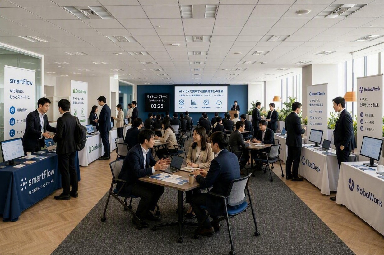 展示会ブースの展示説明、前方スクリーンでのセミナー、テーブルでの個別相談が行われているイベント会場の様子